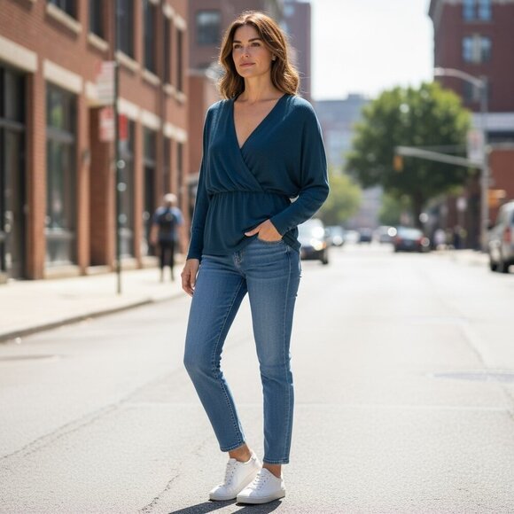 Ann Taylor LOFT V-Neck Merino Wool-Acrylic-Cashmere Sweater Knit Top M Blue 184M - Picture 4 of 9